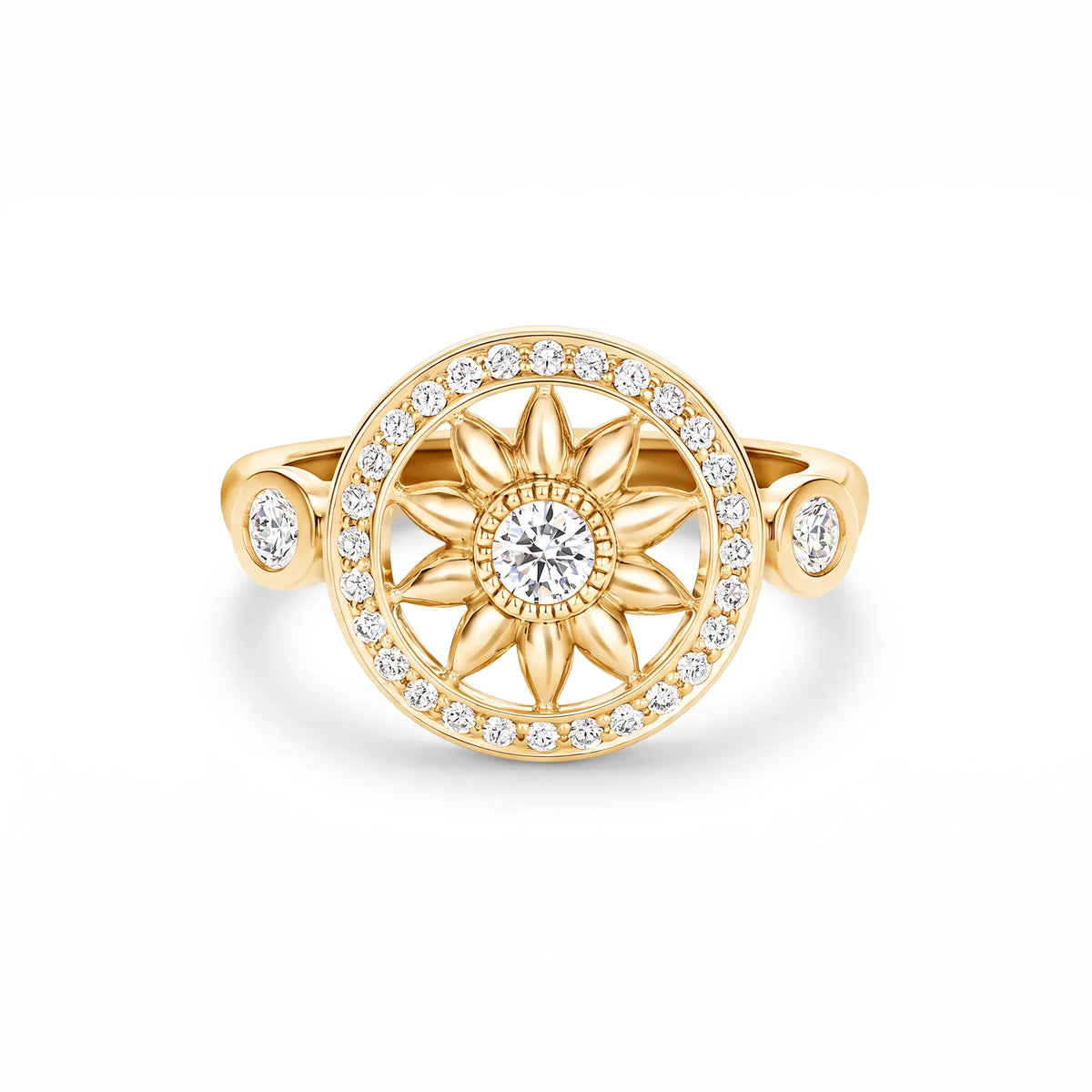 Gates Sunburst Flower Halo Ring
