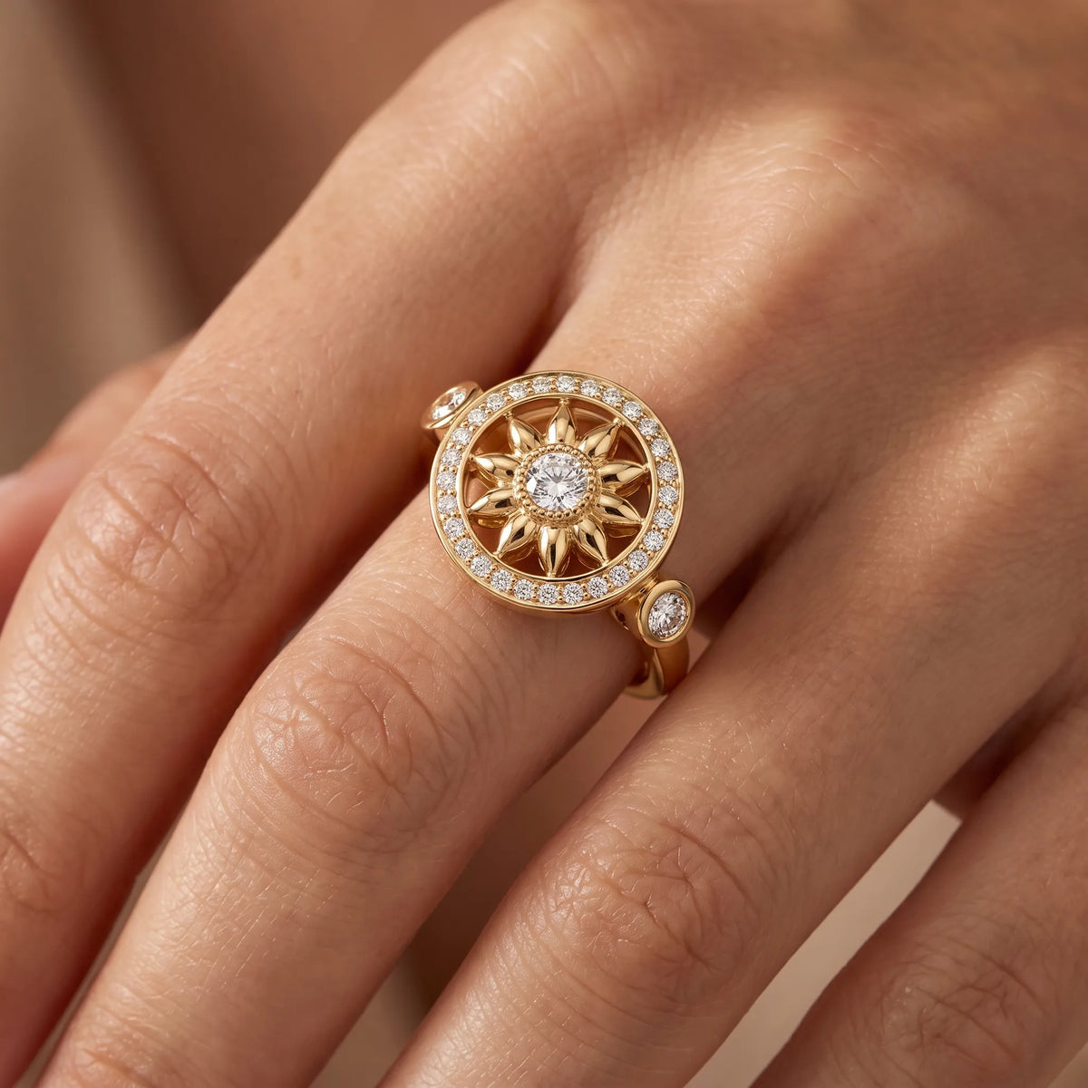 Gates Sunburst Flower Halo Ring