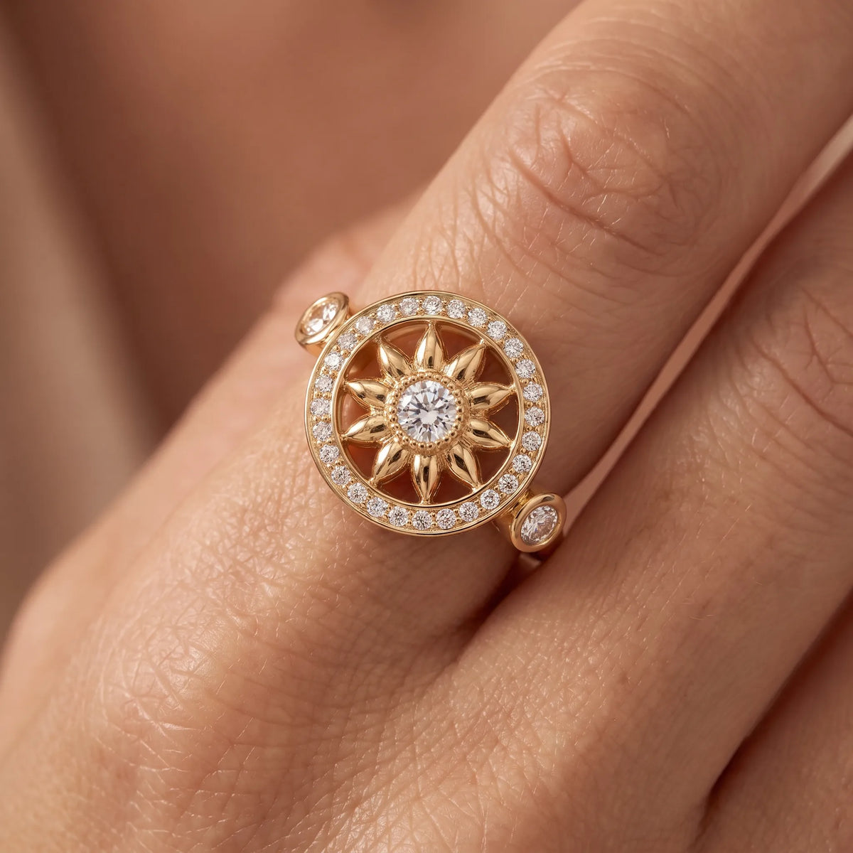 Gates Sunburst Flower Halo Ring