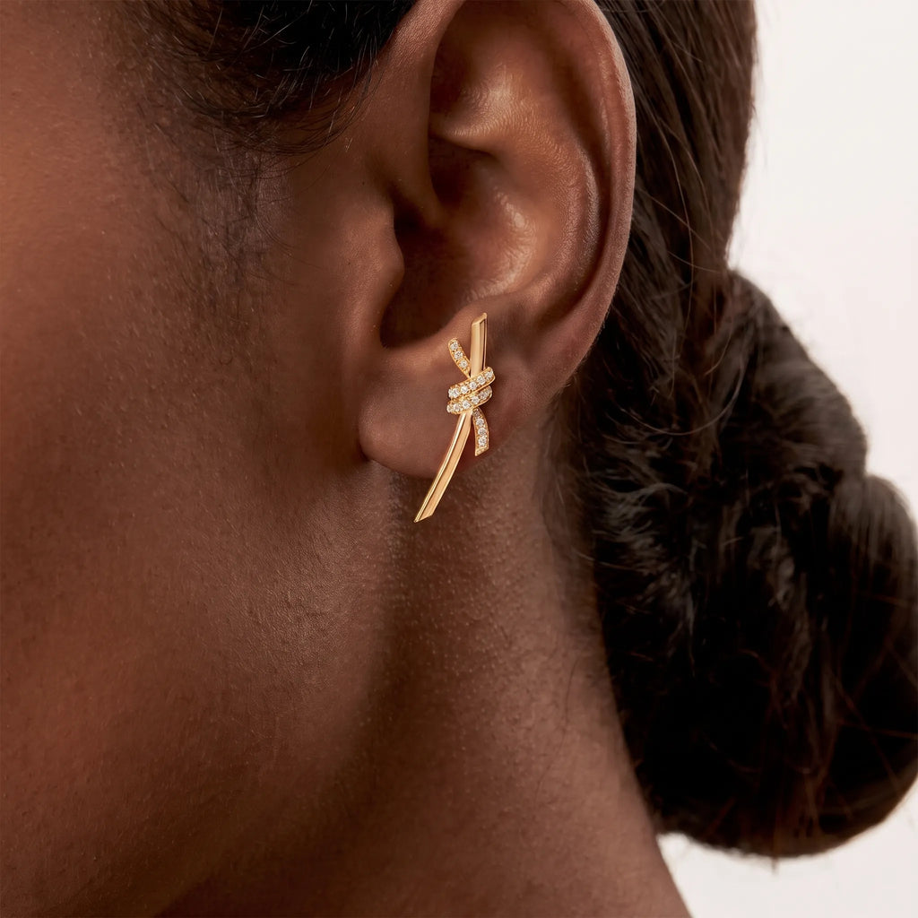 Knot Pavé Ribbon Climber Earrings
