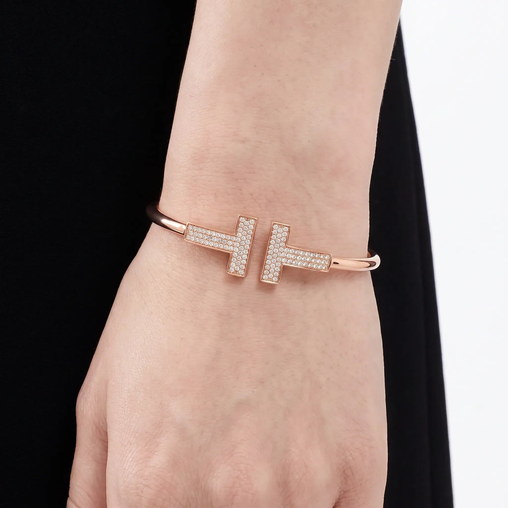 T Wide Pavé Wire Cuff Bracelet