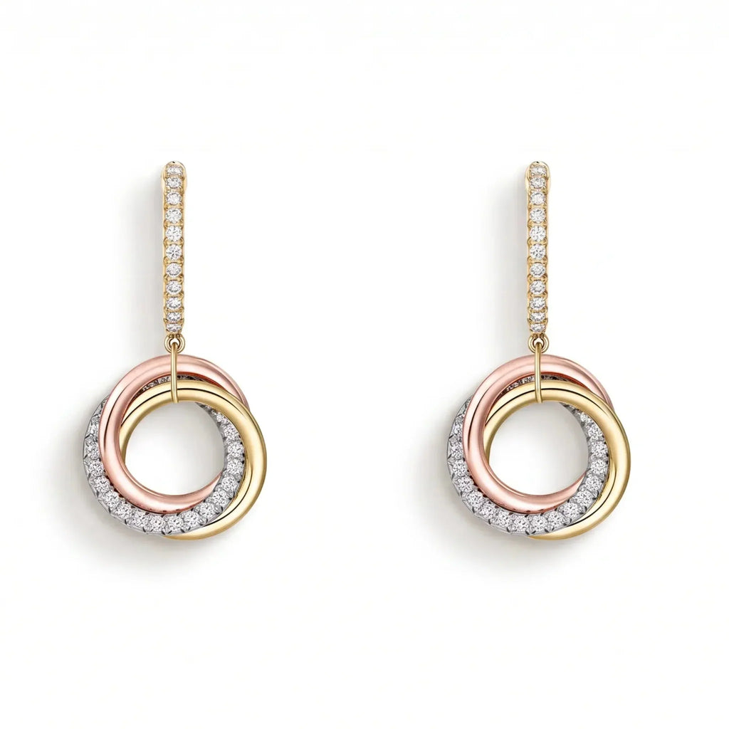 Trinity Three-Tone Ring Motif Drop Earrings