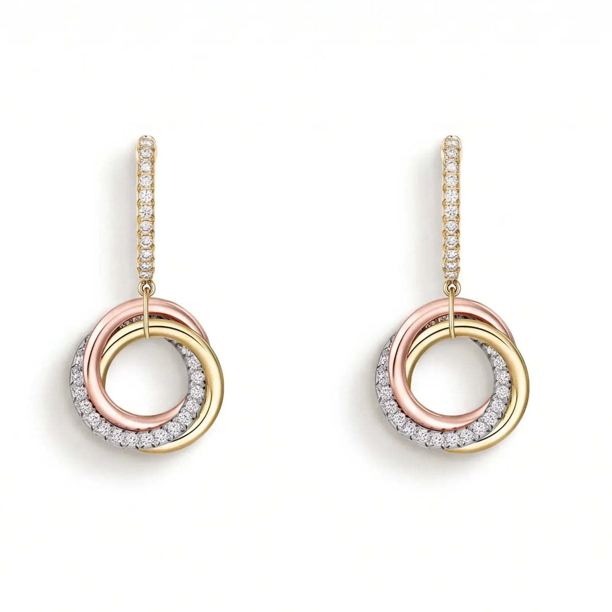 Trinity Three-Tone Ring Motif Drop Earrings