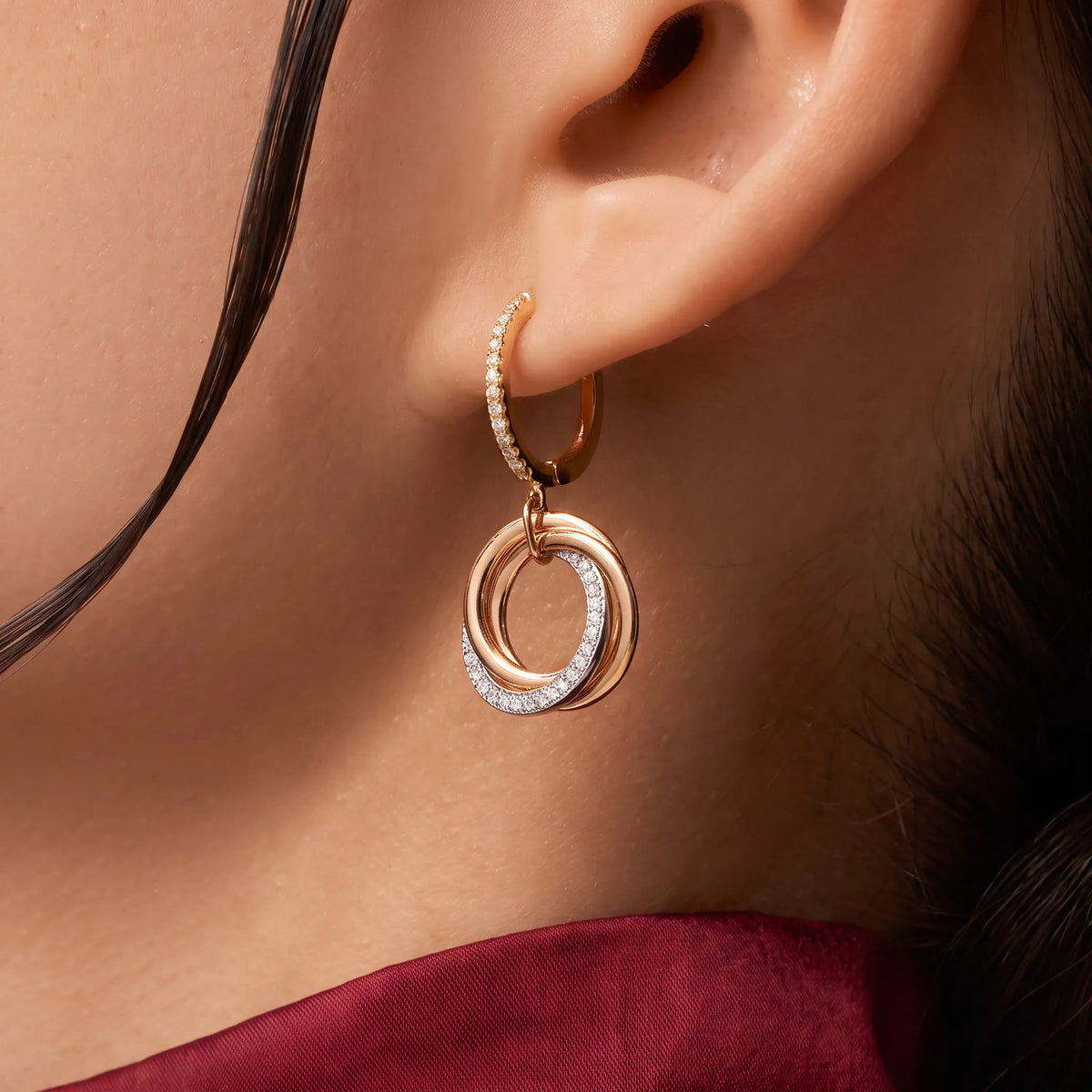 Trinity Three-Tone Ring Motif Drop Earrings