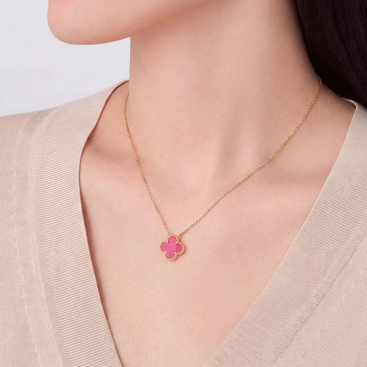 Vintage Alhambra Pink Clover Pendant Necklace